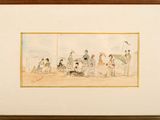 tableau représentant un groupe de personnes assises sur une plage, sous des parasols