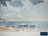 a watercolor painting of a boat in a body of water