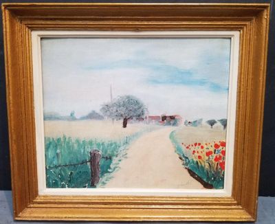 une image représentant une peinture d'une route de campagne avec une grange en arrière-plan