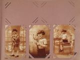 three sepia photograph of a little boy playing with a toy