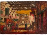 une peinture à l'huile représentant une scène de rue où des gens se promènent