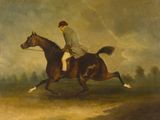 tableau représentant un homme à cheval dans un champ par temps nuageux