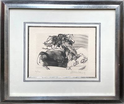 framed drawing of a man riding a horse with a woman on his back