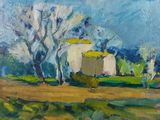 une peinture à l'huile représentant une maison et des arbres dans un champ