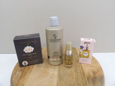 a bottle of lotion, a box of soap, and a box of perfume sitting on a table