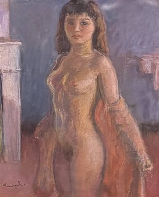 une peinture à l'huile représentant une femme debout dans une pièce avec une cheminée