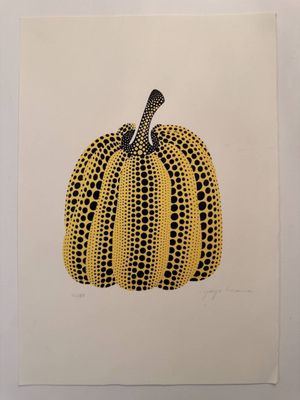 a painting of a yellow and black pumpkin on a white background
