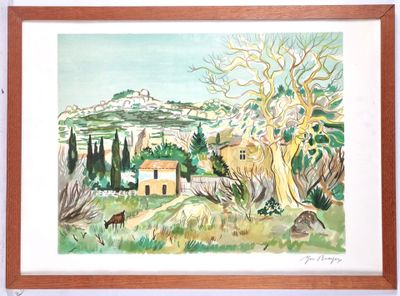framed watercolor painting of a landscape with a house and a horse