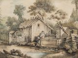 painting of a man and a woman in front of a house by a stream