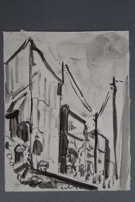 un dessin en noir et blanc représentant un immeuble dans la rue