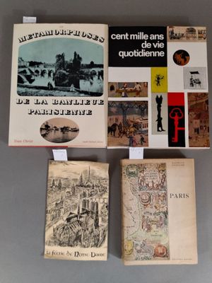 trois livres exposés sur une surface grise, avec des photos de bâtiments et de personnes