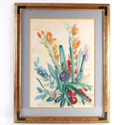 tableau représentant un bouquet de fleurs dans un cadre doré, accroché à un mur blanc