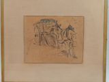 drawing of a horse drawn carriage being pulled by two men