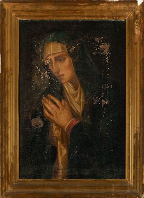 an old painting of a woman holding a rosary in her hands