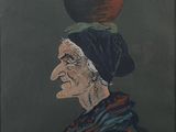 painting of an old woman with a pot on her head