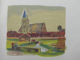 a picture of a painting of a church in the country