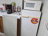 une petite cuisine équipée d'un réfrigérateur et d'un micro-ondes