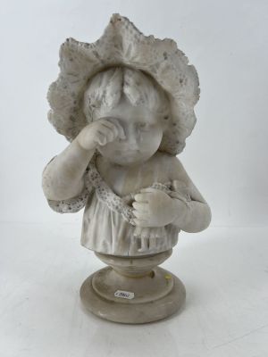 a statue of a little girl with a hat on a pedestal
