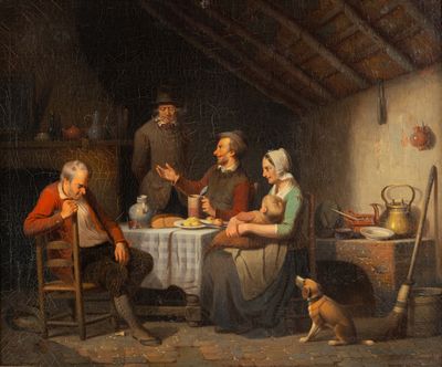 P.J. Tillemans (XIX) 'Intérieur avec une famille de fermiers…