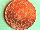 a close up of a copper coin on a green surface