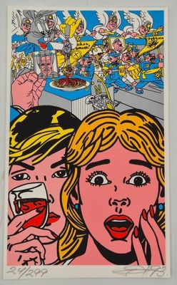 un tableau représentant deux femmes en train de boire du vin devant une foule de gens