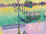 a painting of people walking on the sidewalk by the water