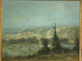 an oil painting of a landscape with a tree in the foreground