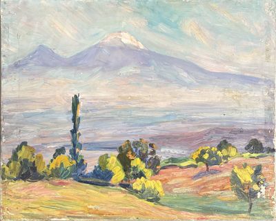 an oil painting of a mountain in the distance with trees in the foreground