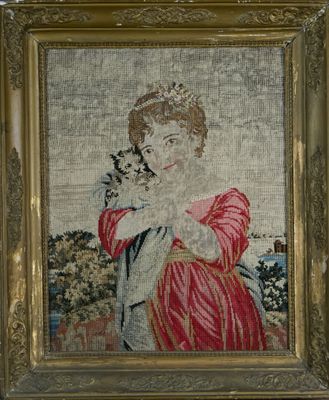 Jeune fille portant un chat Tapisserie polychrome au point, …