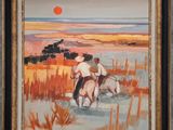 une peinture à l'huile représentant deux hommes à cheval dans un champ
