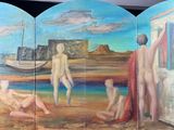 a painting of a man and a woman on the beach
