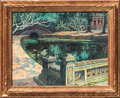 an oil painting of a bridge over a pond with trees in the background