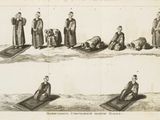 three different views of a man kneeling on a rug in front of a group of other men