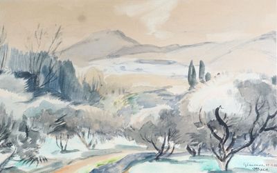 une image représentant un tableau représentant un paysage avec des arbres et des montagnes en arrière-plan