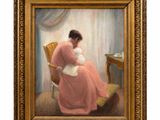 une image représentant un tableau où l'on voit une femme en robe rose assise sur une chaise
