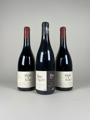 trois bouteilles de vin rouge sont alignées sur une surface blanche