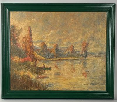an oil painting of a river scene with a boat in the water