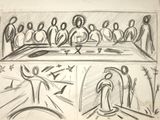 drawing of a group of people sitting at a long table