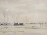 a watercolor painting of a field with a barn in the background