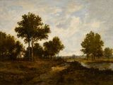 une image d'une peinture représentant un paysage avec des arbres et une rivière