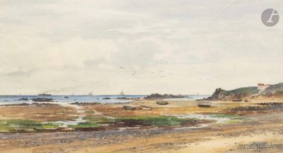 un tableau représentant une plage avec des bateaux dans l'eau