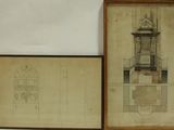 deux dessins encadrés représentant une tour horloge et un dessin représentant un escalier