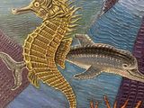 painting of two seahorses and a dolphin on a colorful background