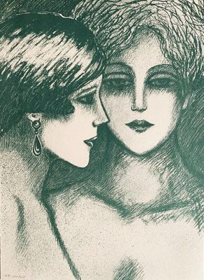 drawing of a woman and a woman with a bird on her head