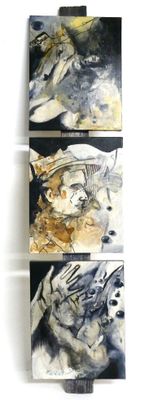 trois peintures d'un chien et d'un chat sur une surface blanche