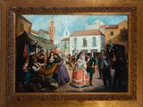 painting of a group of people in a town square with a church in the background