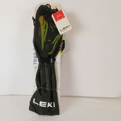 vue de dos d'une paire de skis noirs et verts sur une surface blanche