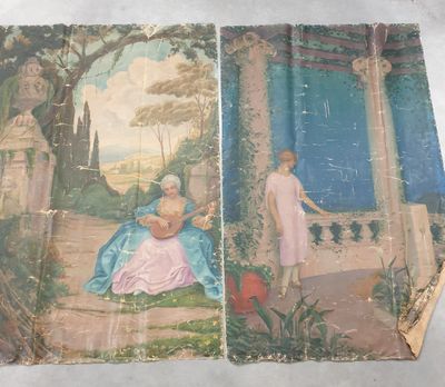 deux panneaux d'un tableau représentant une femme et un homme dans un jardin