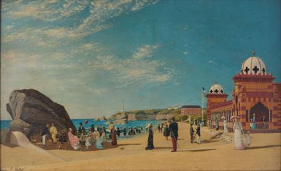 tableau représentant une scène de plage avec des personnes sur le sable et un bâtiment en arrière-plan