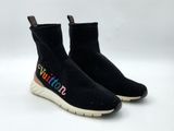 black sock sneakers with multicolored logo on the sole